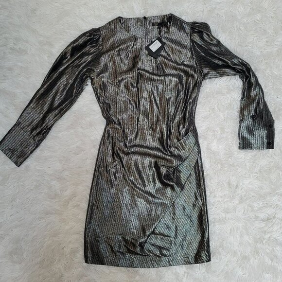 NWT Maje Ralery Mini Dress Argent Women's Striped Metallic Long Sleeve - Size 4 - Picture 12 of 12